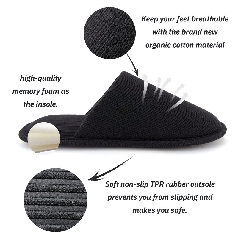 ofoot Mens Indoor Memory Foam Cotton Scuff Slippers Slip On Summer House Shoes Flats Breathable Lightweight Washable Non Skid Rubber Soles(Black,US 9-10) - Image 3